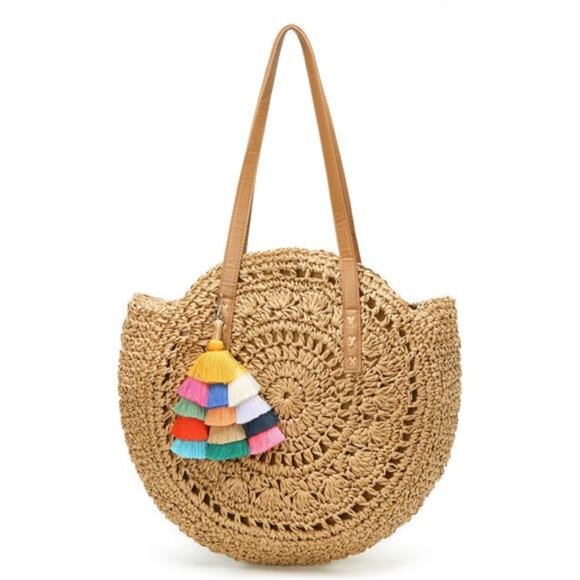Summer Large Woven Bag Beach Straw Round Purse For Women Vacation Tote Handbags - Picture 1 of 4